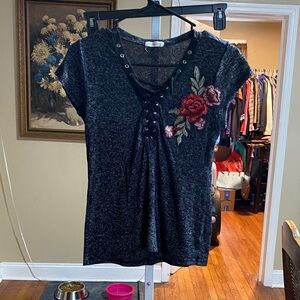 Occasion Charcoal Lace-Up Top with Floral Embroidery